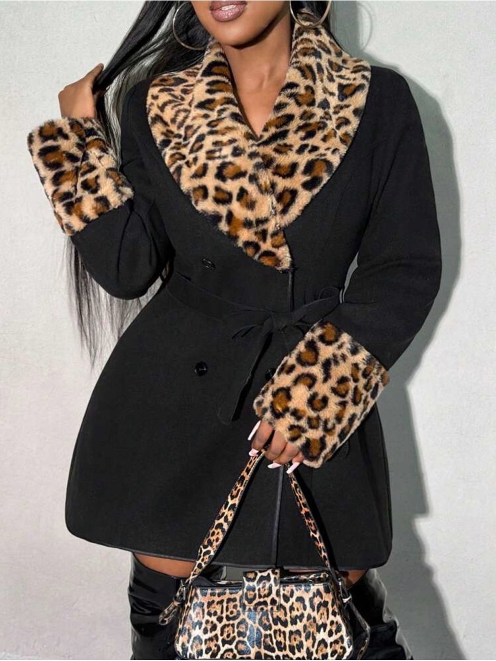 Black Women's Trench Coat with Leopard Faux-Fur Trim - Picture 2 of 6